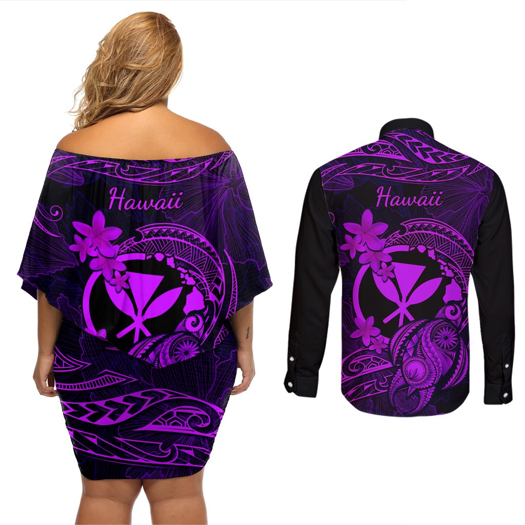 Hawaii Couples Matching Off Shoulder Short Dress and Long Sleeve Button Shirts Turtle Mix Polynesian Plumeria Purple Version LT14 - Polynesian Pride
