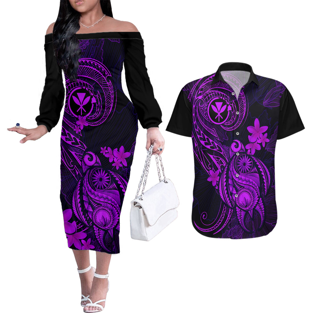 hawaii-couples-matching-off-the-shoulder-long-sleeve-dress-and-hawaiian-shirt-turtle-mix-polynesian-plumeria-purple-version