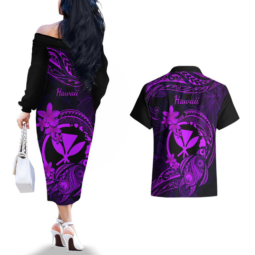 hawaii-couples-matching-off-the-shoulder-long-sleeve-dress-and-hawaiian-shirt-turtle-mix-polynesian-plumeria-purple-version