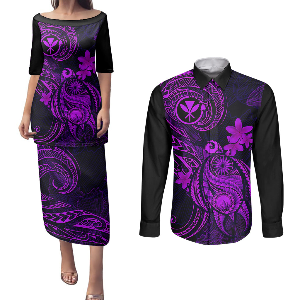 Hawaii Couples Matching Puletasi Dress and Long Sleeve Button Shirts Turtle Mix Polynesian Plumeria Purple Version LT14 Purple - Polynesian Pride