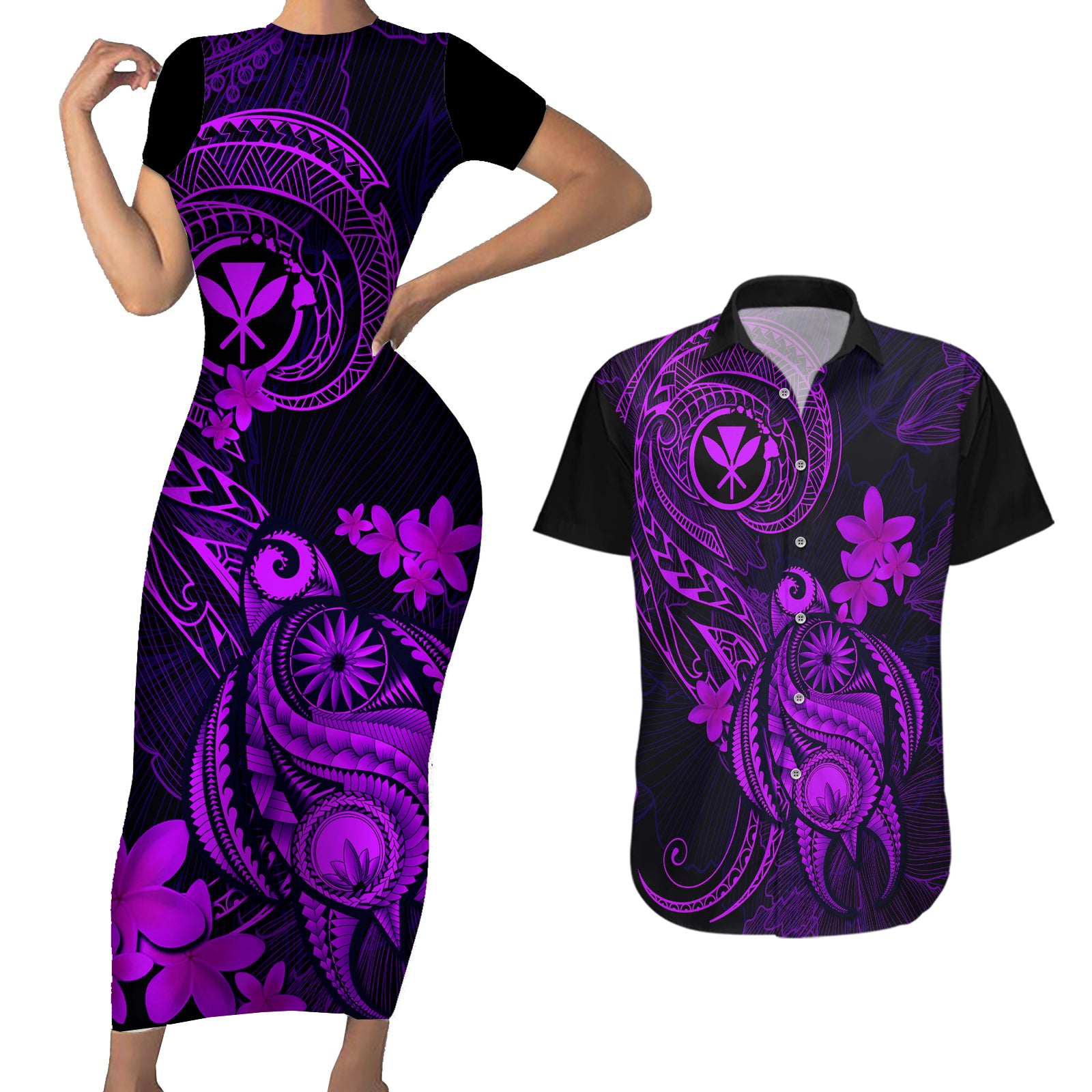 Hawaii Couples Matching Short Sleeve Bodycon Dress and Hawaiian Shirt Turtle Mix Polynesian Plumeria Purple Version LT14 Purple - Polynesian Pride