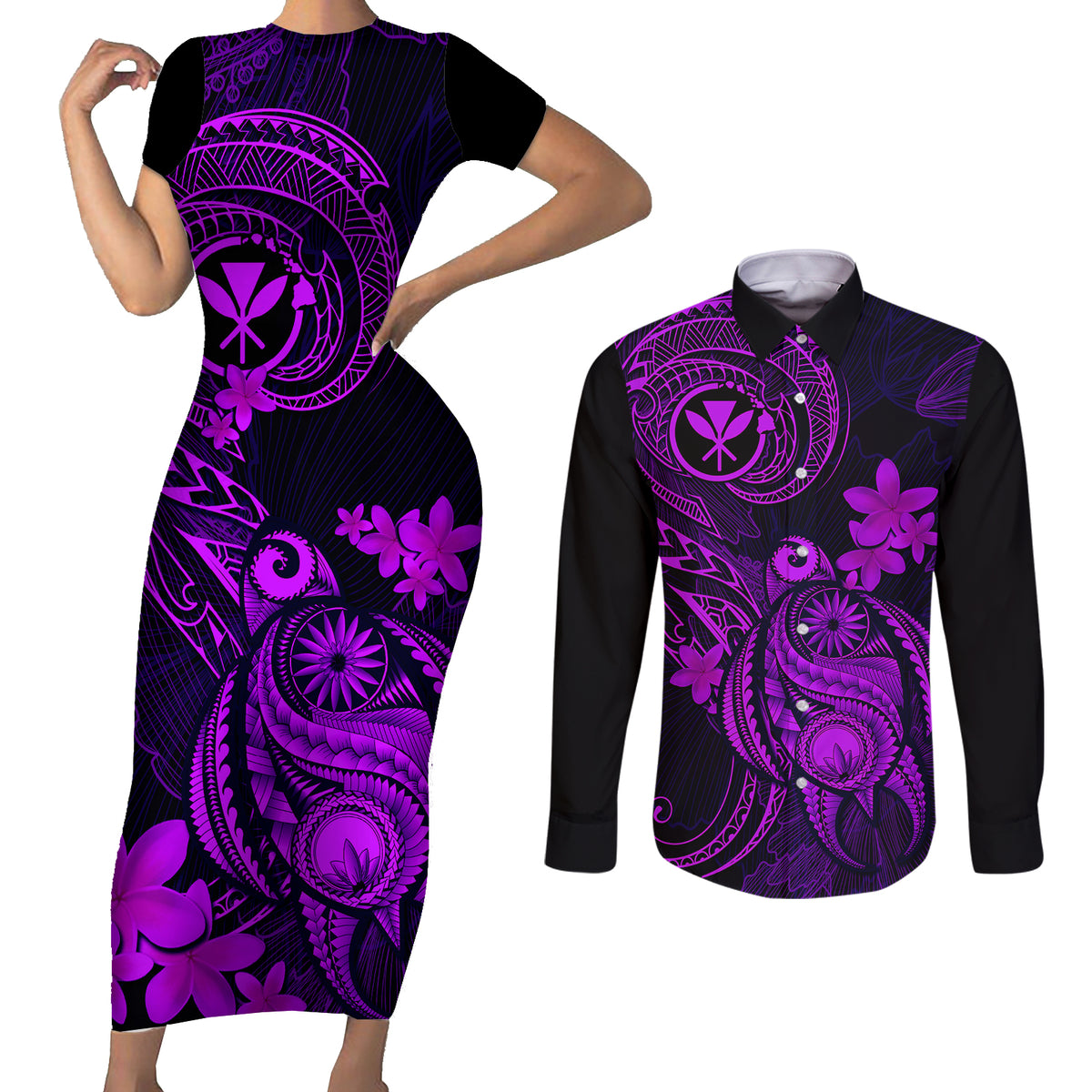 Hawaii Couples Matching Short Sleeve Bodycon Dress and Long Sleeve Button Shirts Turtle Mix Polynesian Plumeria Purple Version LT14 Purple - Polynesian Pride