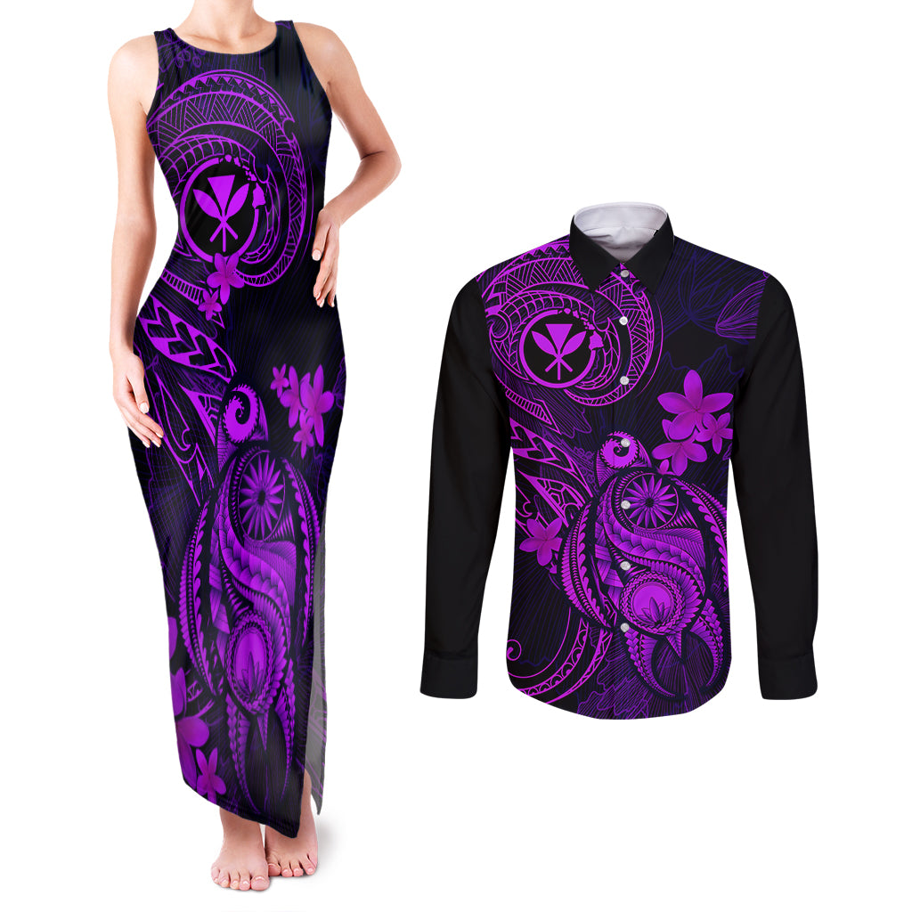 Hawaii Couples Matching Tank Maxi Dress and Long Sleeve Button Shirts Turtle Mix Polynesian Plumeria Purple Version LT14 Purple - Polynesian Pride