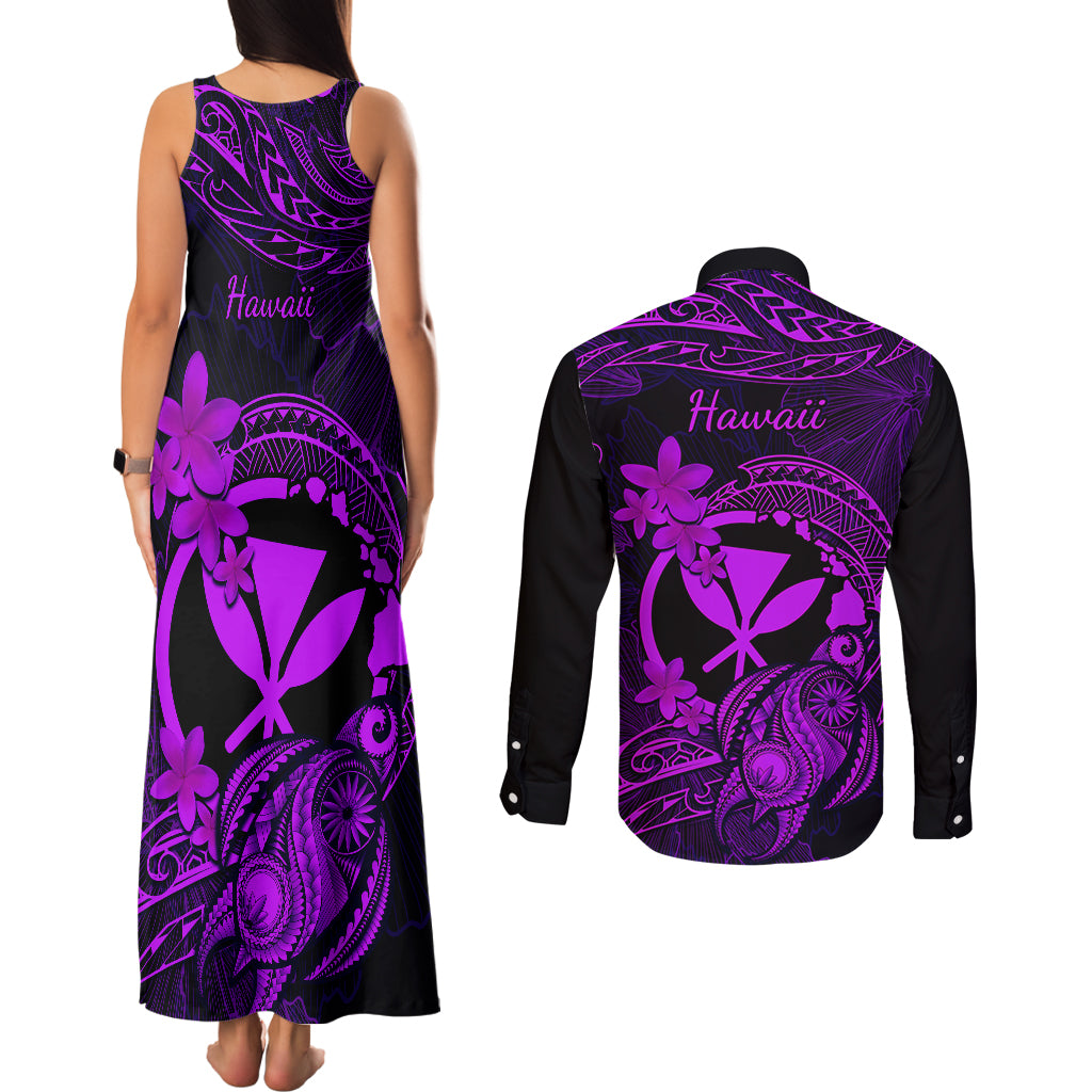 Hawaii Couples Matching Tank Maxi Dress and Long Sleeve Button Shirts Turtle Mix Polynesian Plumeria Purple Version LT14 - Polynesian Pride