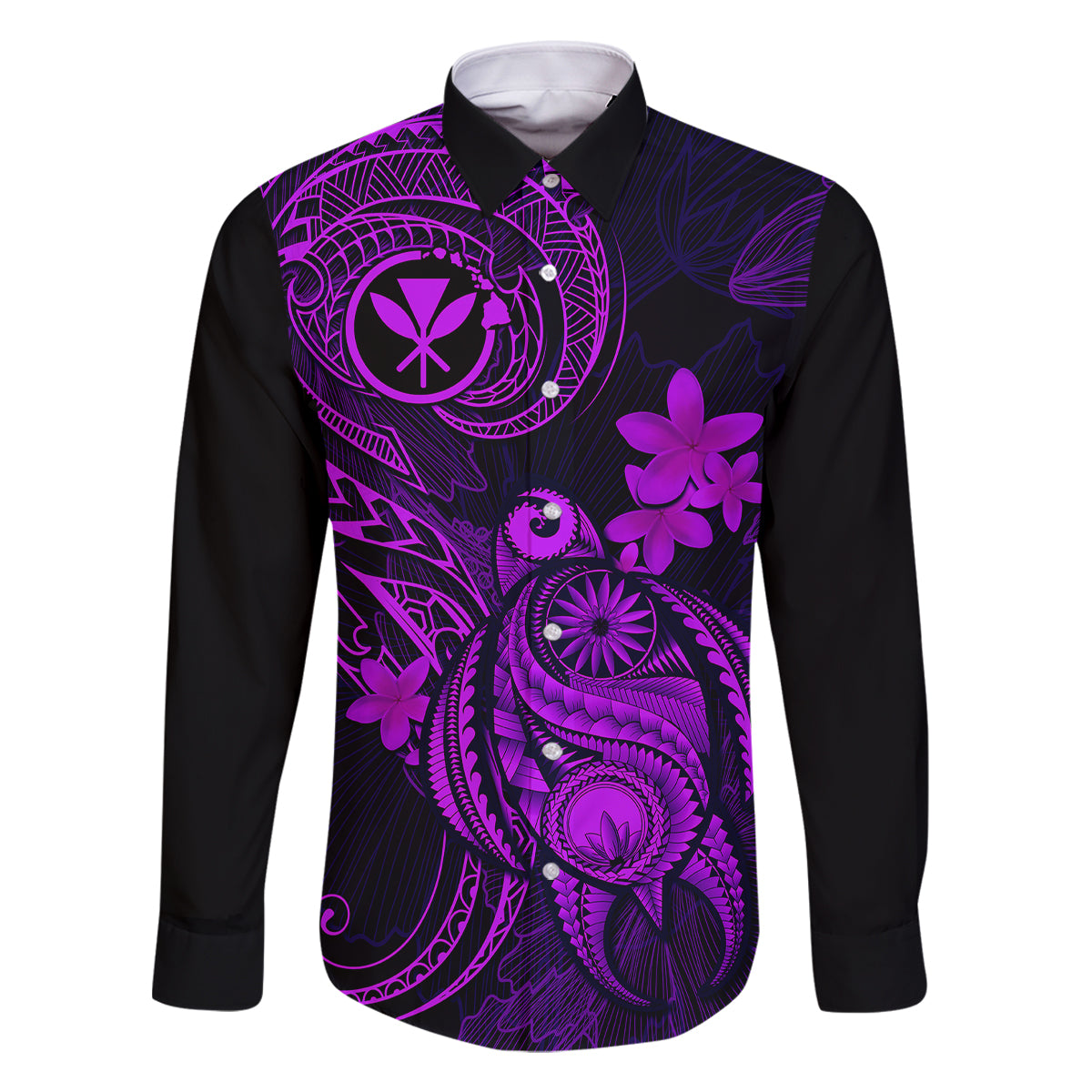 Hawaii Family Matching Long Sleeve Bodycon Dress and Hawaiian Shirt Turtle Mix Polynesian Plumeria Purple Version LT14 Dad's Shirt - Long Sleeve Purple - Polynesian Pride
