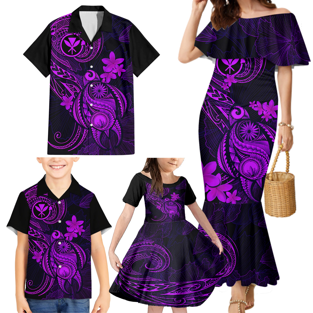 hawaii-family-matching-mermaid-dress-and-hawaiian-shirt-turtle-mix-polynesian-plumeria-purple-version