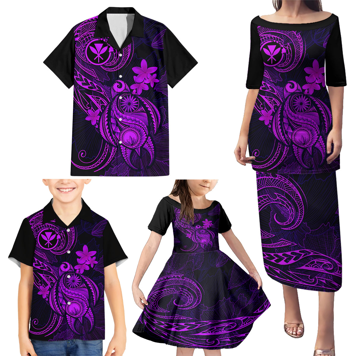 Hawaii Family Matching Puletasi Dress and Hawaiian Shirt Turtle Mix Polynesian Plumeria Purple Version LT14 - Polynesian Pride