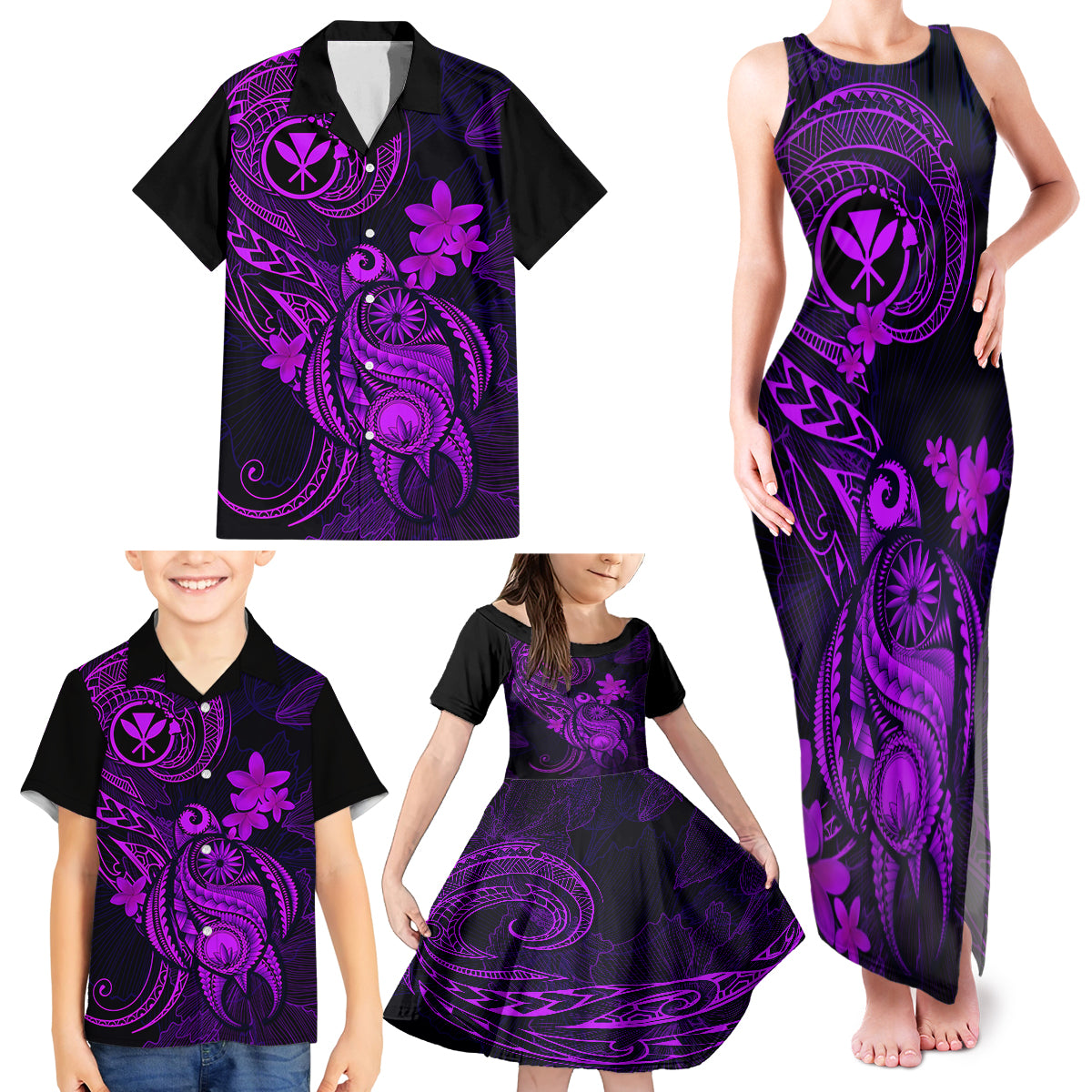 hawaii-family-matching-tank-maxi-dress-and-hawaiian-shirt-turtle-mix-polynesian-plumeria-purple-version