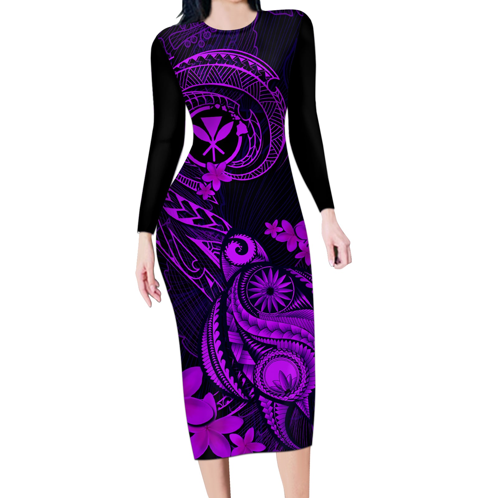 hawaii-long-sleeve-bodycon-dress-turtle-mix-polynesian-plumeria-purple-version