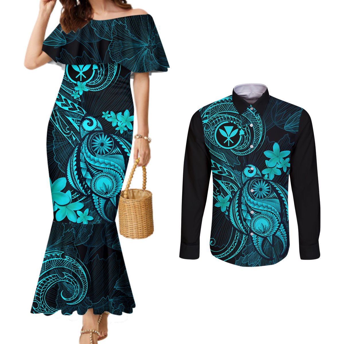 Hawaii Couples Matching Mermaid Dress and Long Sleeve Button Shirts Turtle Mix Polynesian Plumeria Turquoise Version LT14 Turquoise - Polynesian Pride