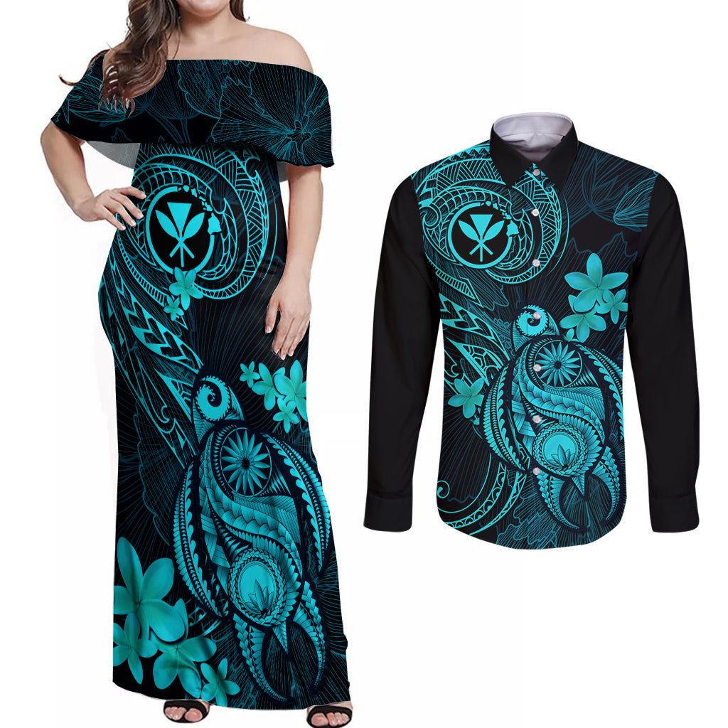 Hawaii Couples Matching Off Shoulder Maxi Dress and Long Sleeve Button Shirts Turtle Mix Polynesian Plumeria Turquoise Version LT14 Turquoise - Polynesian Pride