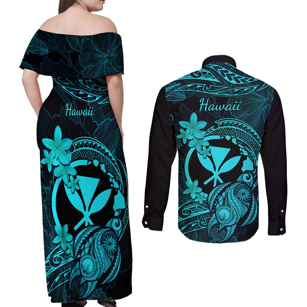 Hawaii Couples Matching Off Shoulder Maxi Dress and Long Sleeve Button Shirts Turtle Mix Polynesian Plumeria Turquoise Version LT14 - Polynesian Pride