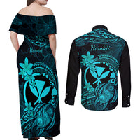 Hawaii Couples Matching Off Shoulder Maxi Dress and Long Sleeve Button Shirts Turtle Mix Polynesian Plumeria Turquoise Version LT14 - Polynesian Pride