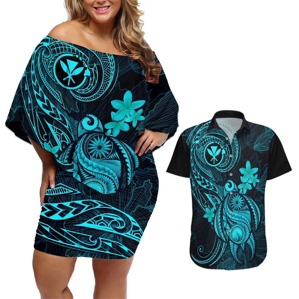 Hawaii Couples Matching Off Shoulder Short Dress and Hawaiian Shirt Turtle Mix Polynesian Plumeria Turquoise Version LT14 Turquoise - Polynesian Pride