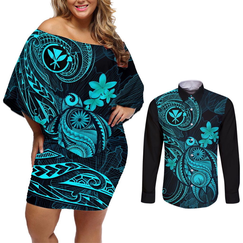 Hawaii Couples Matching Off Shoulder Short Dress and Long Sleeve Button Shirts Turtle Mix Polynesian Plumeria Turquoise Version LT14 Turquoise - Polynesian Pride