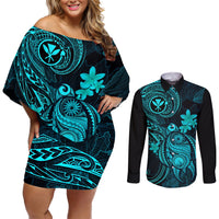 Hawaii Couples Matching Off Shoulder Short Dress and Long Sleeve Button Shirts Turtle Mix Polynesian Plumeria Turquoise Version LT14 Turquoise - Polynesian Pride