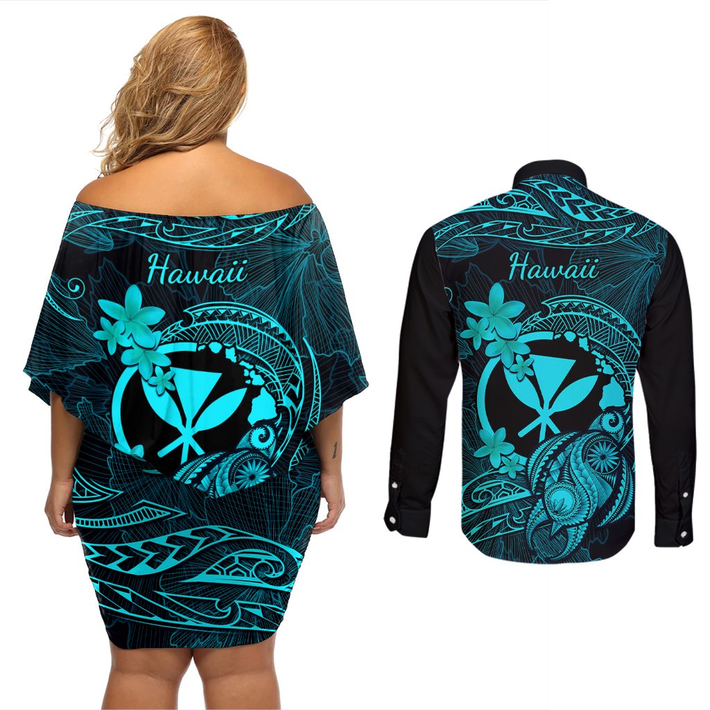 Hawaii Couples Matching Off Shoulder Short Dress and Long Sleeve Button Shirts Turtle Mix Polynesian Plumeria Turquoise Version LT14 - Polynesian Pride