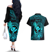 Hawaii Couples Matching Off The Shoulder Long Sleeve Dress and Hawaiian Shirt Turtle Mix Polynesian Plumeria Turquoise Version LT14 - Polynesian Pride