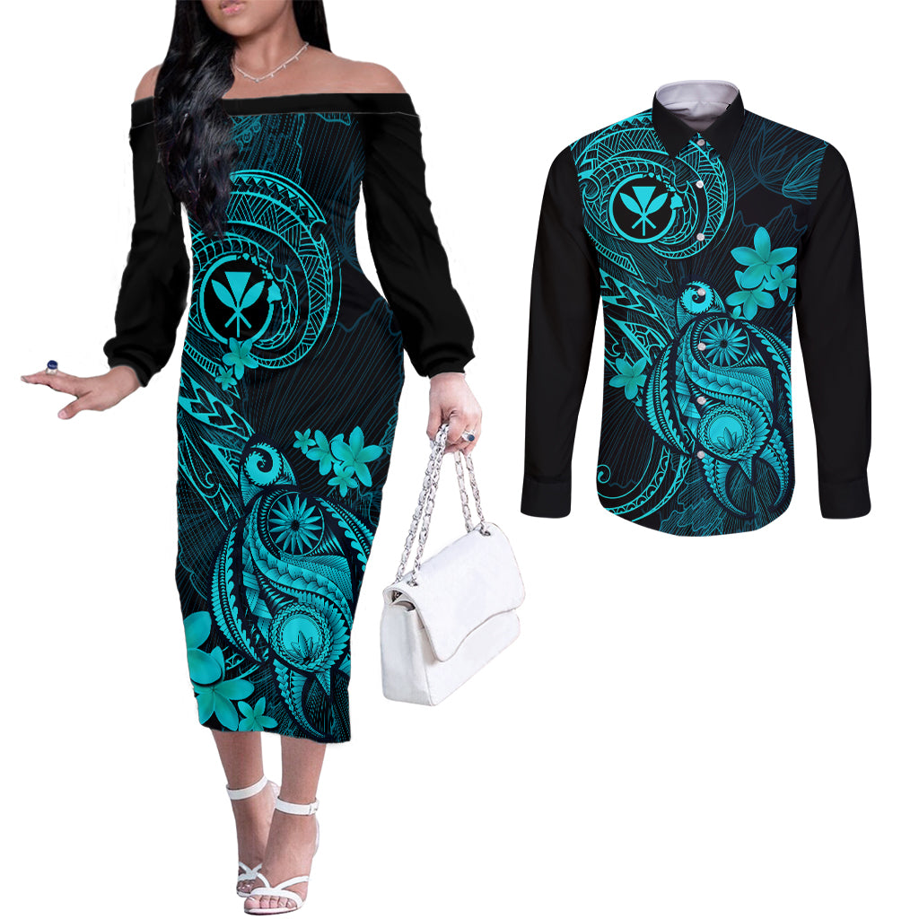 Hawaii Couples Matching Off The Shoulder Long Sleeve Dress and Long Sleeve Button Shirts Turtle Mix Polynesian Plumeria Turquoise Version LT14 Turquoise - Polynesian Pride