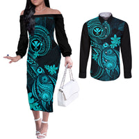 Hawaii Couples Matching Off The Shoulder Long Sleeve Dress and Long Sleeve Button Shirts Turtle Mix Polynesian Plumeria Turquoise Version LT14 Turquoise - Polynesian Pride