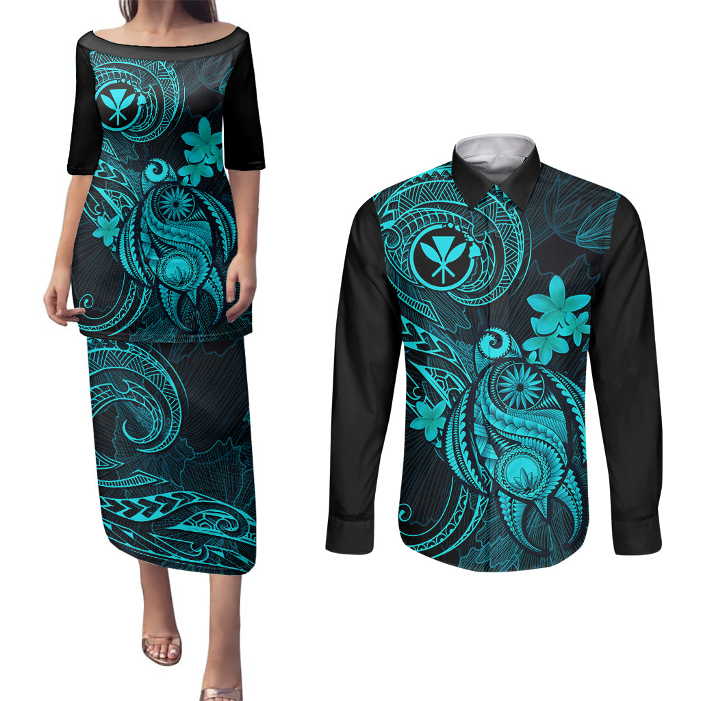Hawaii Couples Matching Puletasi Dress and Long Sleeve Button Shirts Turtle Mix Polynesian Plumeria Turquoise Version LT14 Turquoise - Polynesian Pride