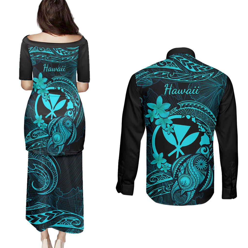 Hawaii Couples Matching Puletasi Dress and Long Sleeve Button Shirts Turtle Mix Polynesian Plumeria Turquoise Version LT14 - Polynesian Pride
