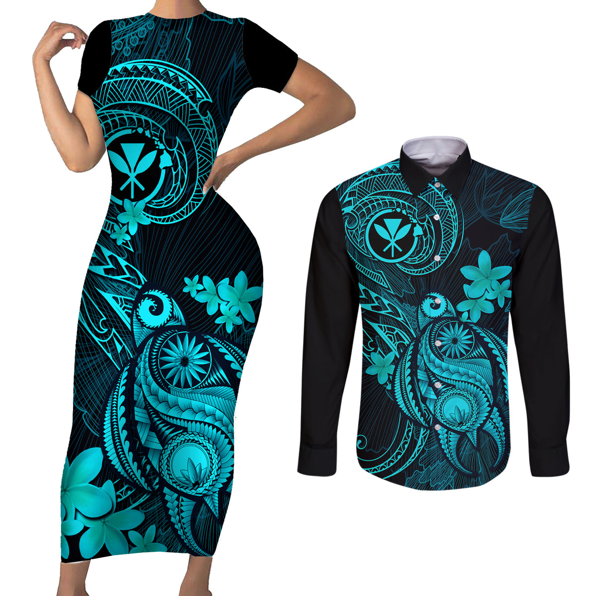 Hawaii Couples Matching Short Sleeve Bodycon Dress and Long Sleeve Button Shirts Turtle Mix Polynesian Plumeria Turquoise Version LT14 Turquoise - Polynesian Pride