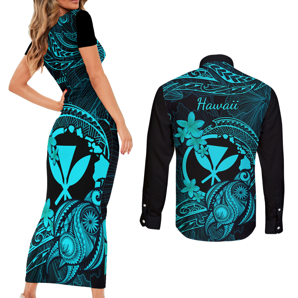 Hawaii Couples Matching Short Sleeve Bodycon Dress and Long Sleeve Button Shirts Turtle Mix Polynesian Plumeria Turquoise Version LT14 - Polynesian Pride