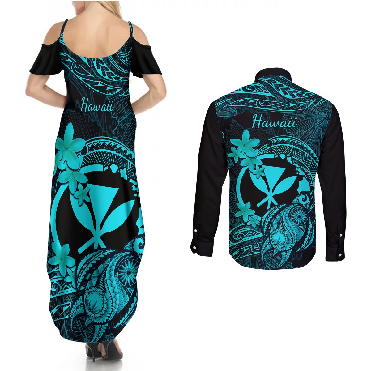Hawaii Couples Matching Summer Maxi Dress and Long Sleeve Button Shirts Turtle Mix Polynesian Plumeria Turquoise Version LT14 - Polynesian Pride