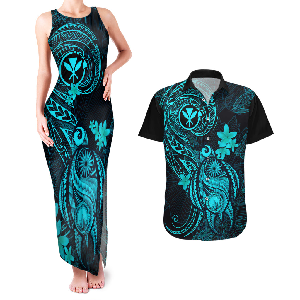 Hawaii Couples Matching Tank Maxi Dress and Hawaiian Shirt Turtle Mix Polynesian Plumeria Turquoise Version LT14 Turquoise - Polynesian Pride