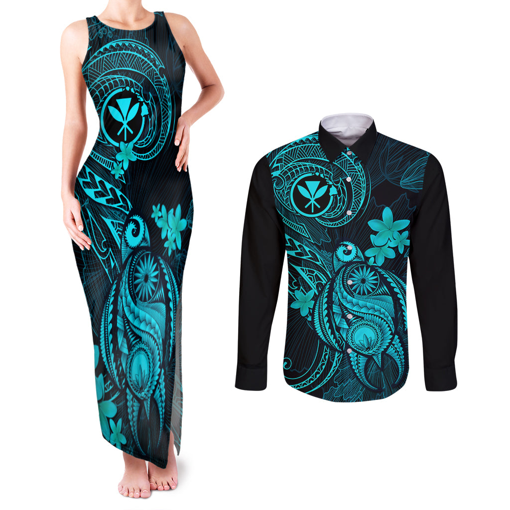 Hawaii Couples Matching Tank Maxi Dress and Long Sleeve Button Shirts Turtle Mix Polynesian Plumeria Turquoise Version LT14 Turquoise - Polynesian Pride