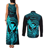 Hawaii Couples Matching Tank Maxi Dress and Long Sleeve Button Shirts Turtle Mix Polynesian Plumeria Turquoise Version LT14 - Polynesian Pride