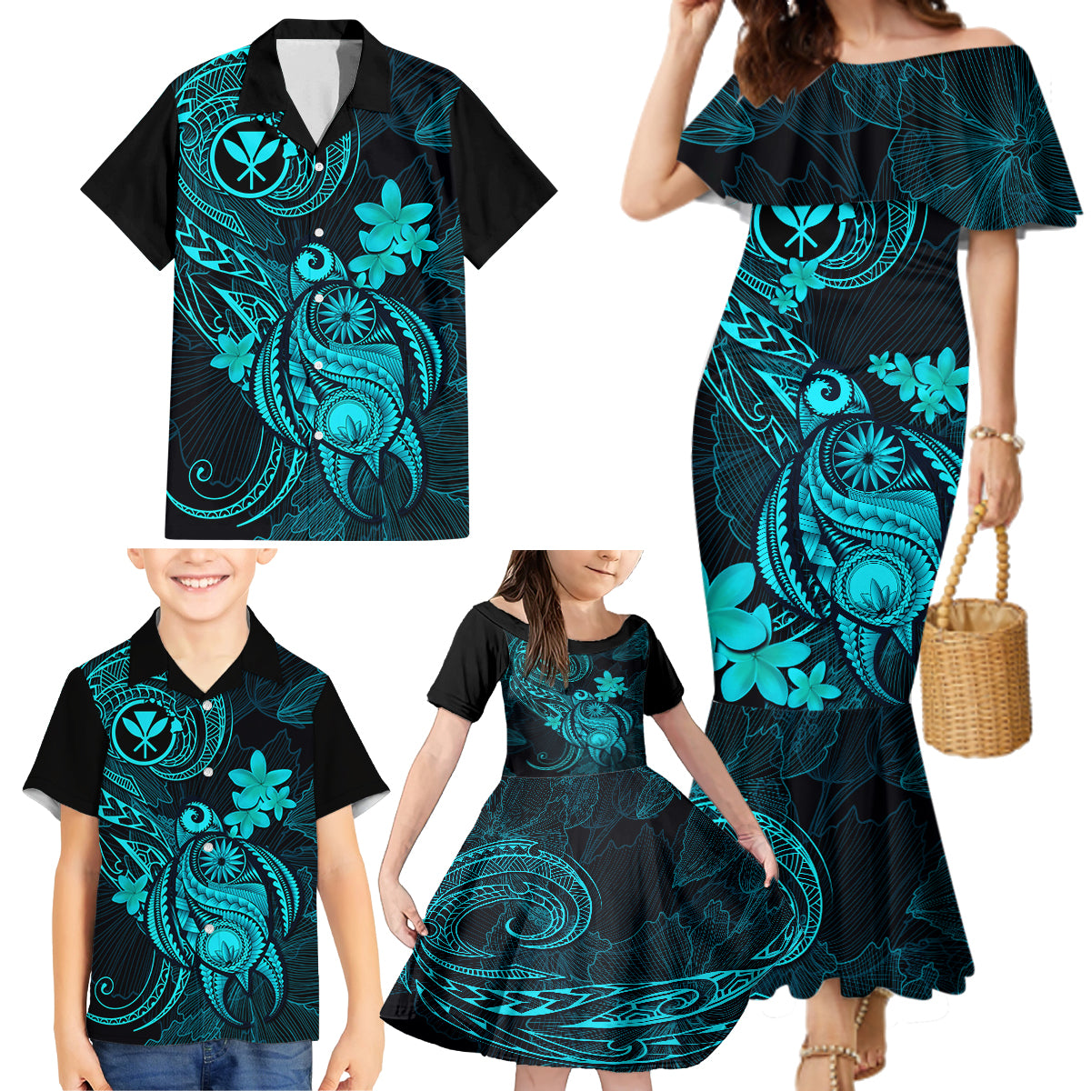 hawaii-family-matching-mermaid-dress-and-hawaiian-shirt-turtle-mix-polynesian-plumeria-turquoise-version