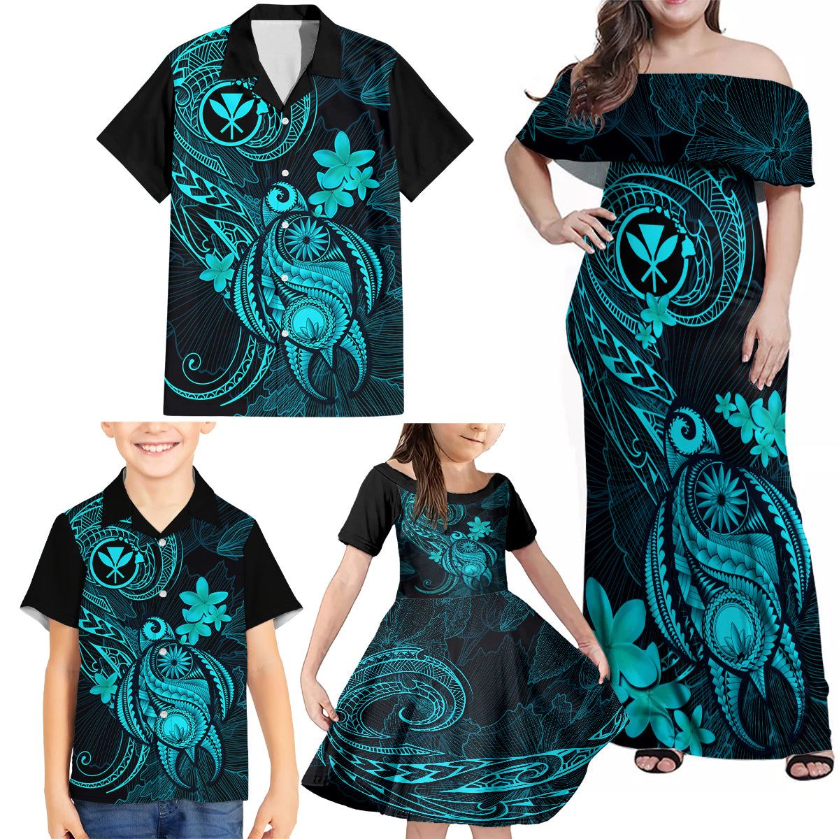 hawaii-family-matching-off-shoulder-maxi-dress-and-hawaiian-shirt-turtle-mix-polynesian-plumeria-turquoise-version