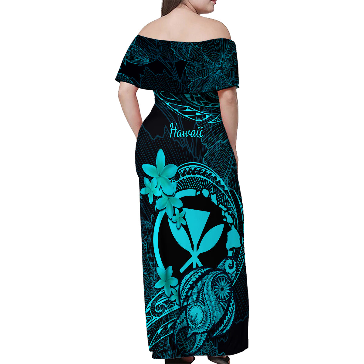 hawaii-family-matching-off-shoulder-maxi-dress-and-hawaiian-shirt-turtle-mix-polynesian-plumeria-turquoise-version