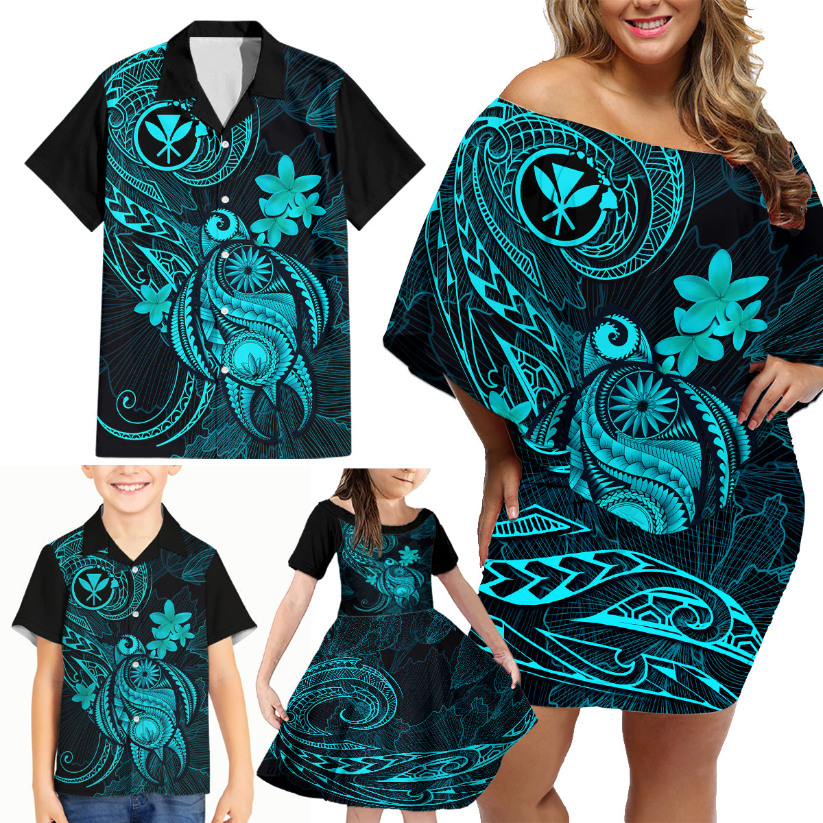 hawaii-family-matching-off-shoulder-short-dress-and-hawaiian-shirt-turtle-mix-polynesian-plumeria-turquoise-version