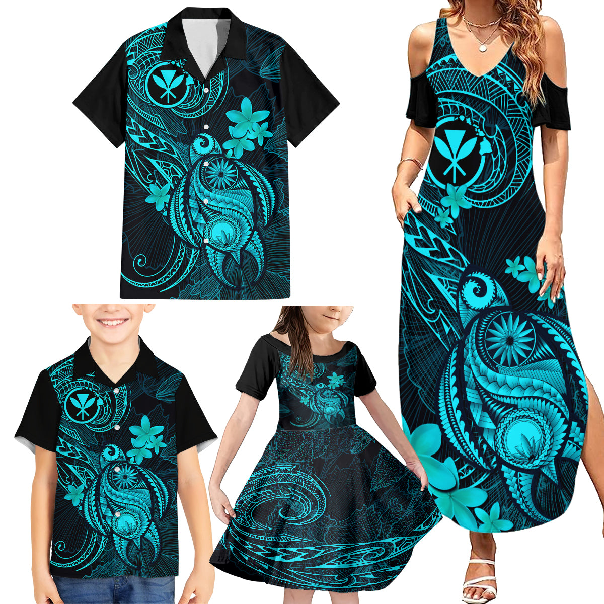 hawaii-family-matching-summer-maxi-dress-and-hawaiian-shirt-turtle-mix-polynesian-plumeria-turquoise-version