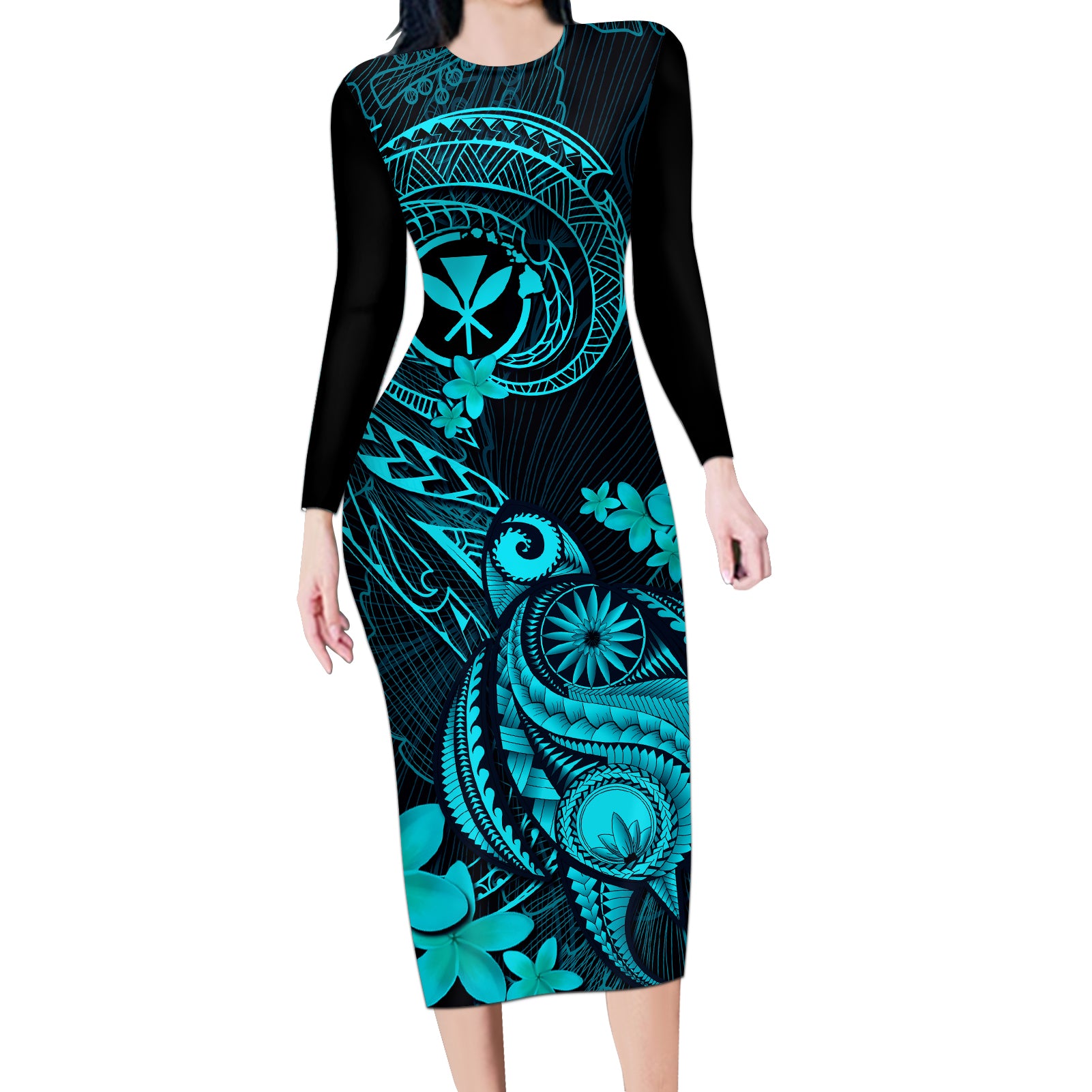 hawaii-long-sleeve-bodycon-dress-turtle-mix-polynesian-plumeria-turquoise-version