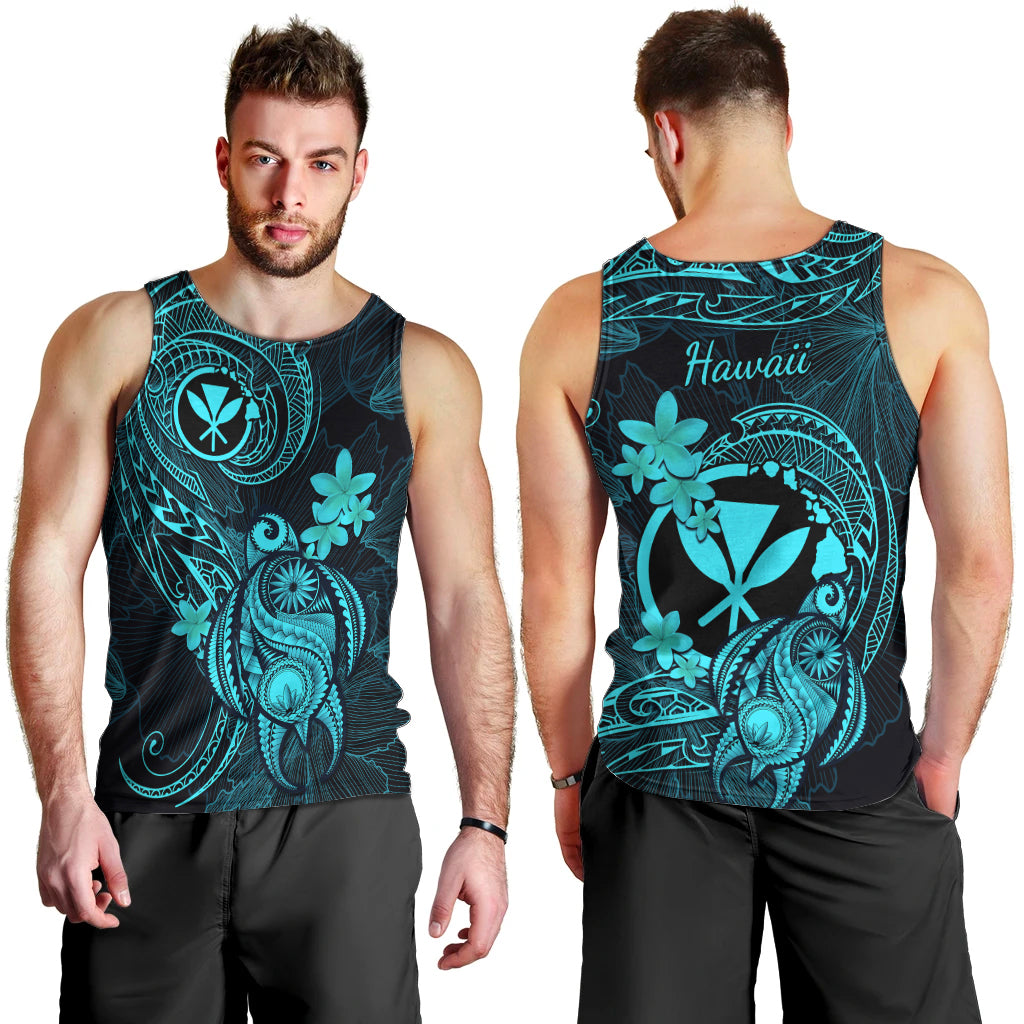 Hawaii Men Tank Top Turtle Mix Polynesian Plumeria Turquoise Version LT14 - Polynesian Pride