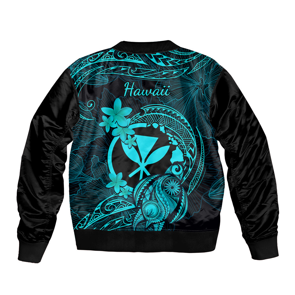 Hawaii Sleeve Zip Bomber Jacket Turtle Mix Polynesian Plumeria Turquoise Version LT14 - Polynesian Pride