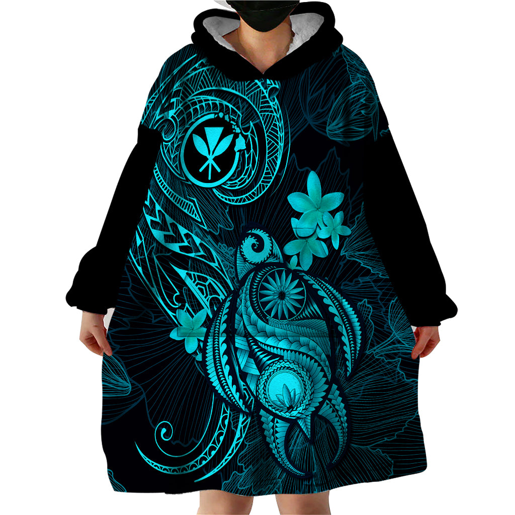 Hawaii Wearable Blanket Hoodie Turtle Mix Polynesian Plumeria Turquoise Version LT14 - Polynesian Pride