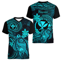 hawaii-women-v-neck-t-shirt-turtle-mix-polynesian-plumeria-turquoise-version