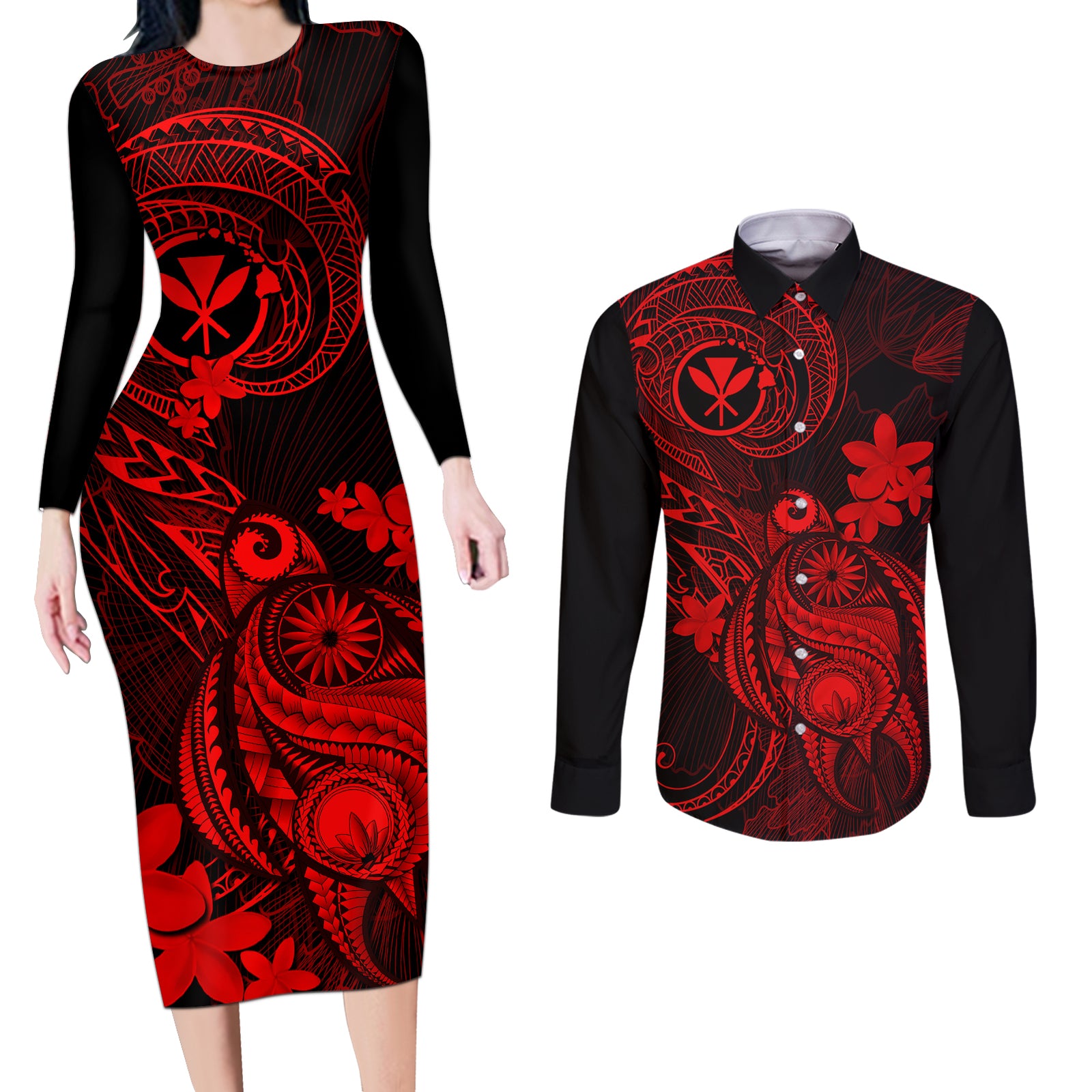Hawaii Couples Matching Long Sleeve Bodycon Dress and Long Sleeve Button Shirts Turtle Mix Polynesian Plumeria Red Version LT14 Red - Polynesian Pride
