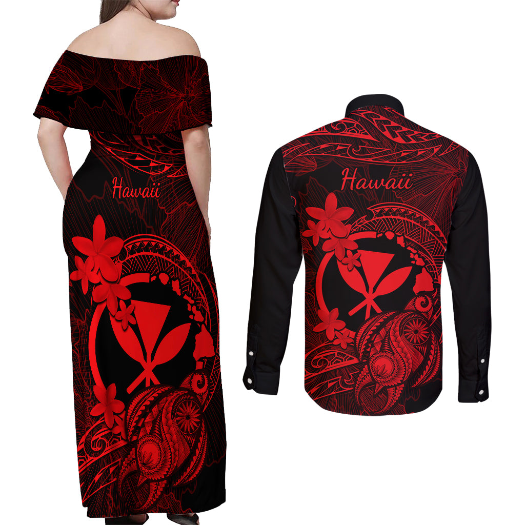 Hawaii Couples Matching Off Shoulder Maxi Dress and Long Sleeve Button Shirts Turtle Mix Polynesian Plumeria Red Version LT14 - Polynesian Pride