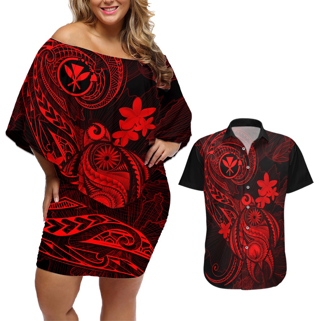 Hawaii Couples Matching Off Shoulder Short Dress and Hawaiian Shirt Turtle Mix Polynesian Plumeria Red Version LT14 Red - Polynesian Pride