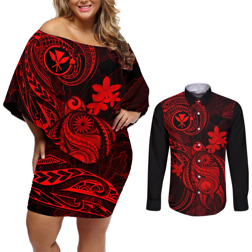 Hawaii Couples Matching Off Shoulder Short Dress and Long Sleeve Button Shirts Turtle Mix Polynesian Plumeria Red Version LT14 Red - Polynesian Pride