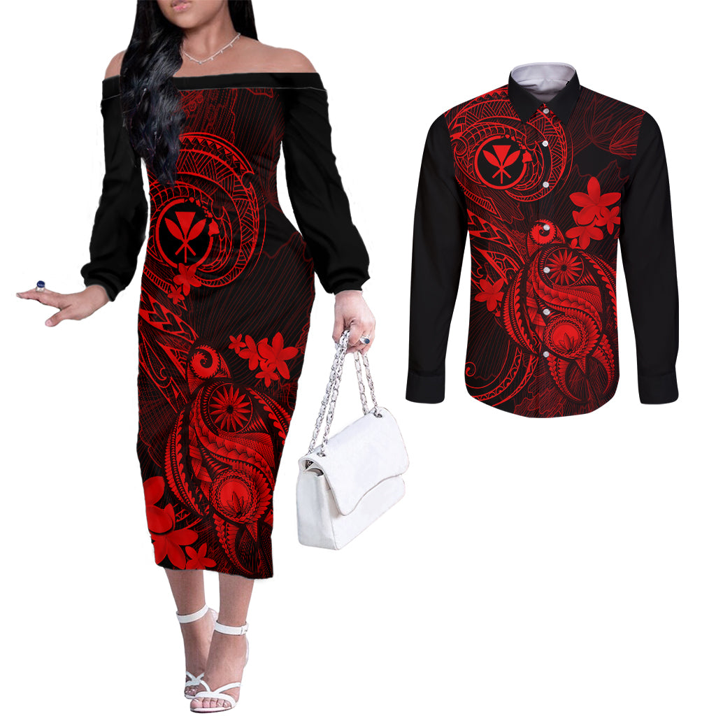 Hawaii Couples Matching Off The Shoulder Long Sleeve Dress and Long Sleeve Button Shirts Turtle Mix Polynesian Plumeria Red Version LT14 Red - Polynesian Pride