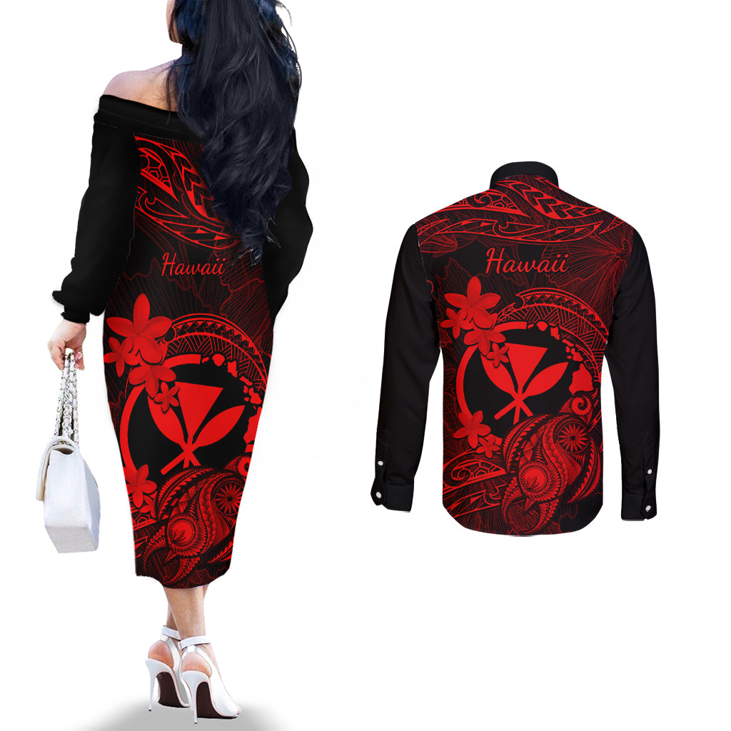 Hawaii Couples Matching Off The Shoulder Long Sleeve Dress and Long Sleeve Button Shirts Turtle Mix Polynesian Plumeria Red Version LT14 - Polynesian Pride
