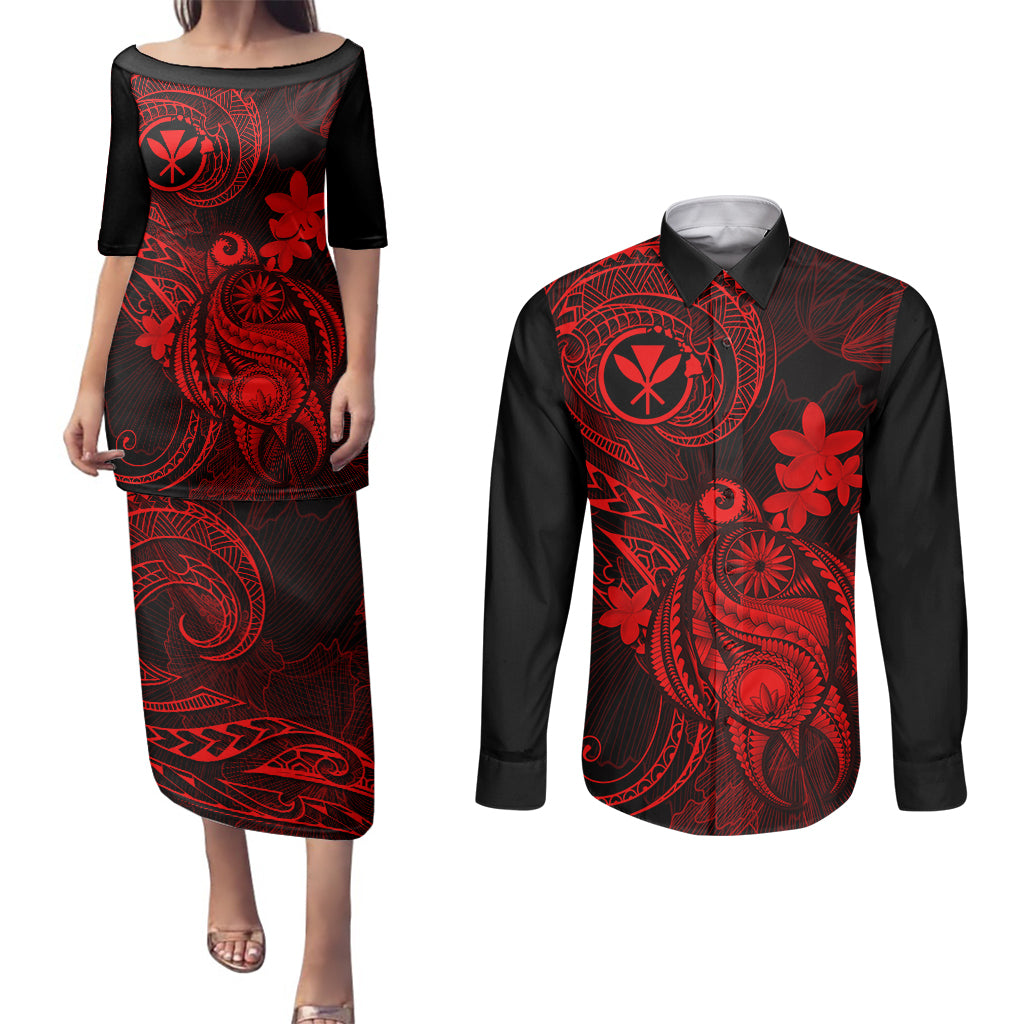Hawaii Couples Matching Puletasi Dress and Long Sleeve Button Shirts Turtle Mix Polynesian Plumeria Red Version LT14 Red - Polynesian Pride