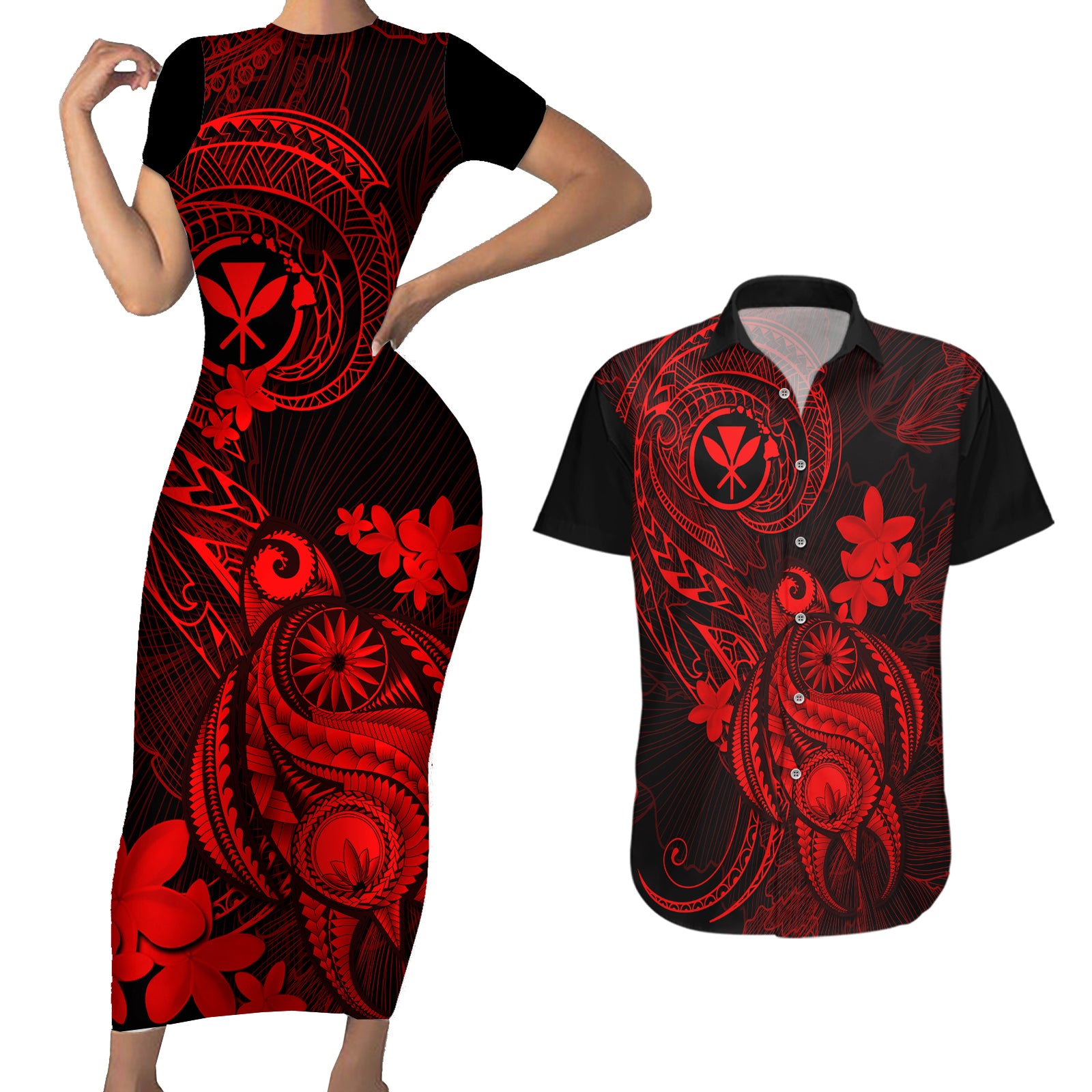 Hawaii Couples Matching Short Sleeve Bodycon Dress and Hawaiian Shirt Turtle Mix Polynesian Plumeria Red Version LT14 Red - Polynesian Pride